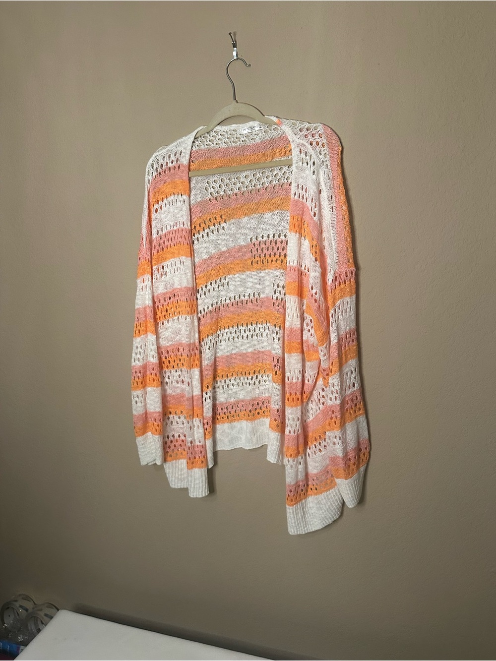 Open-Knit Striped Cardigan - White & Peach